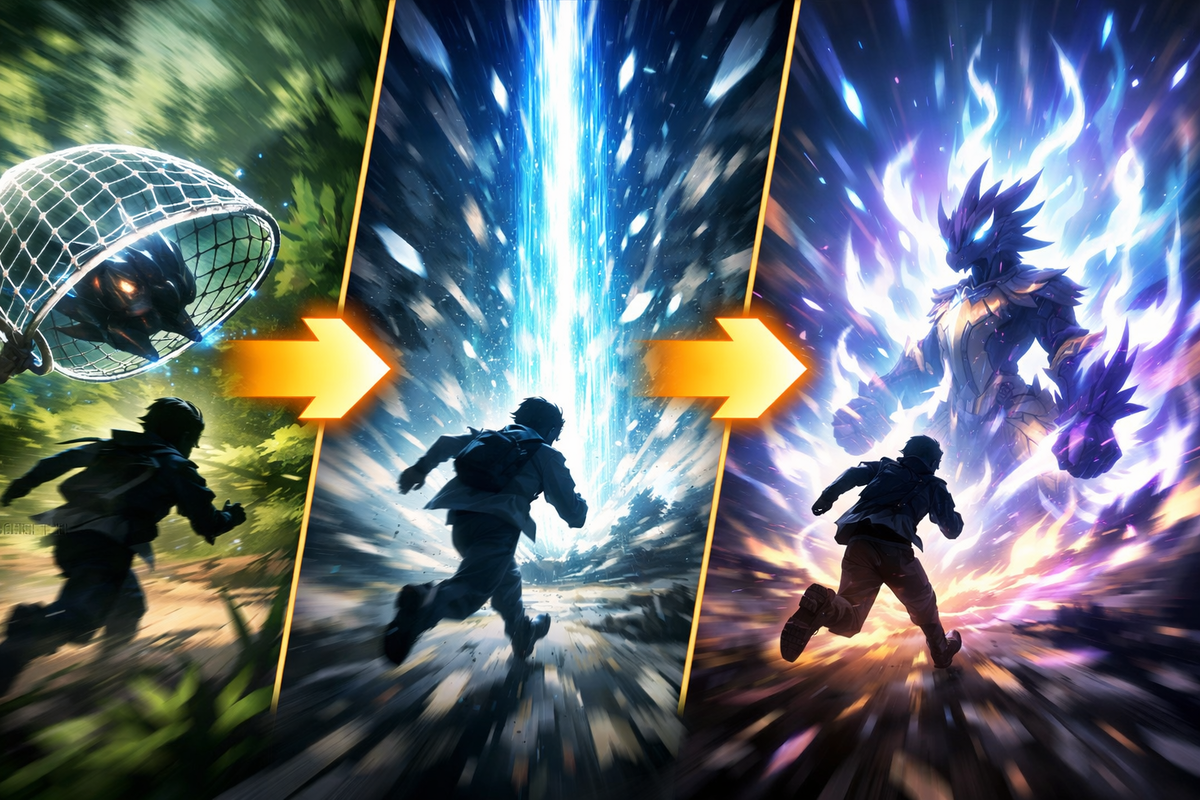 Three-step transformation—trainer sprinting through capture, evolution, and ascension scenes—blinding light beams and fire auras collide in unstoppable motion, adrenaline-fueled evolution energy