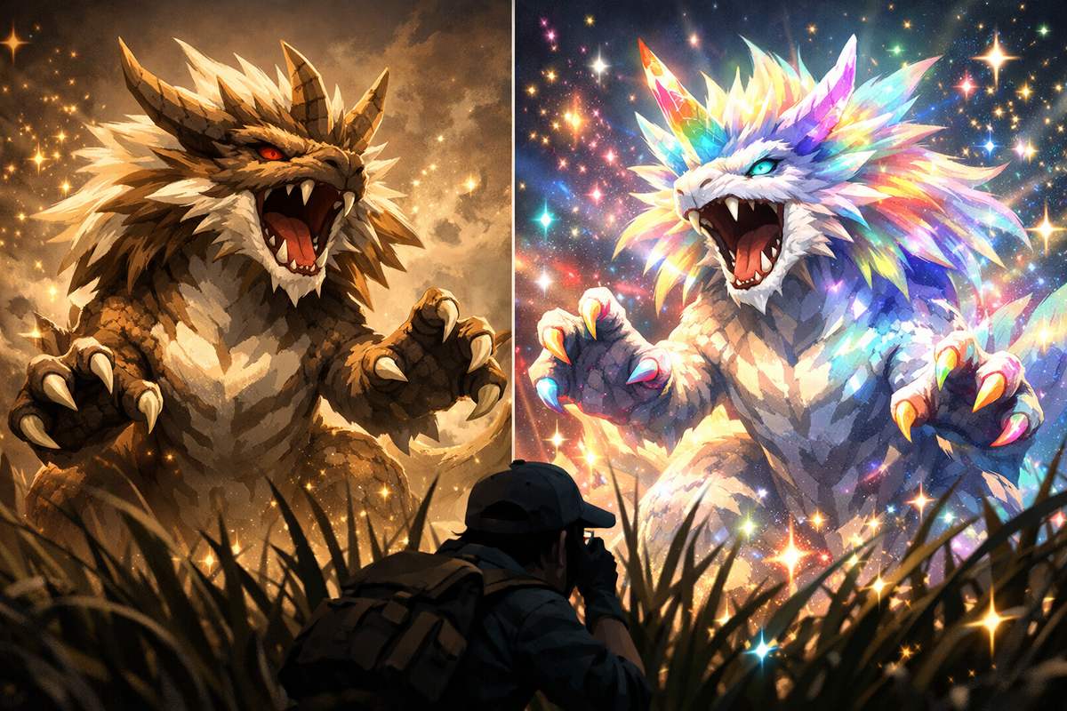 Side-by-side creature reveal—left normal earthy beast, right radiant rainbow variant bursting with sparkles—hunter in awe through tall grass, euphoric shiny discovery moment
