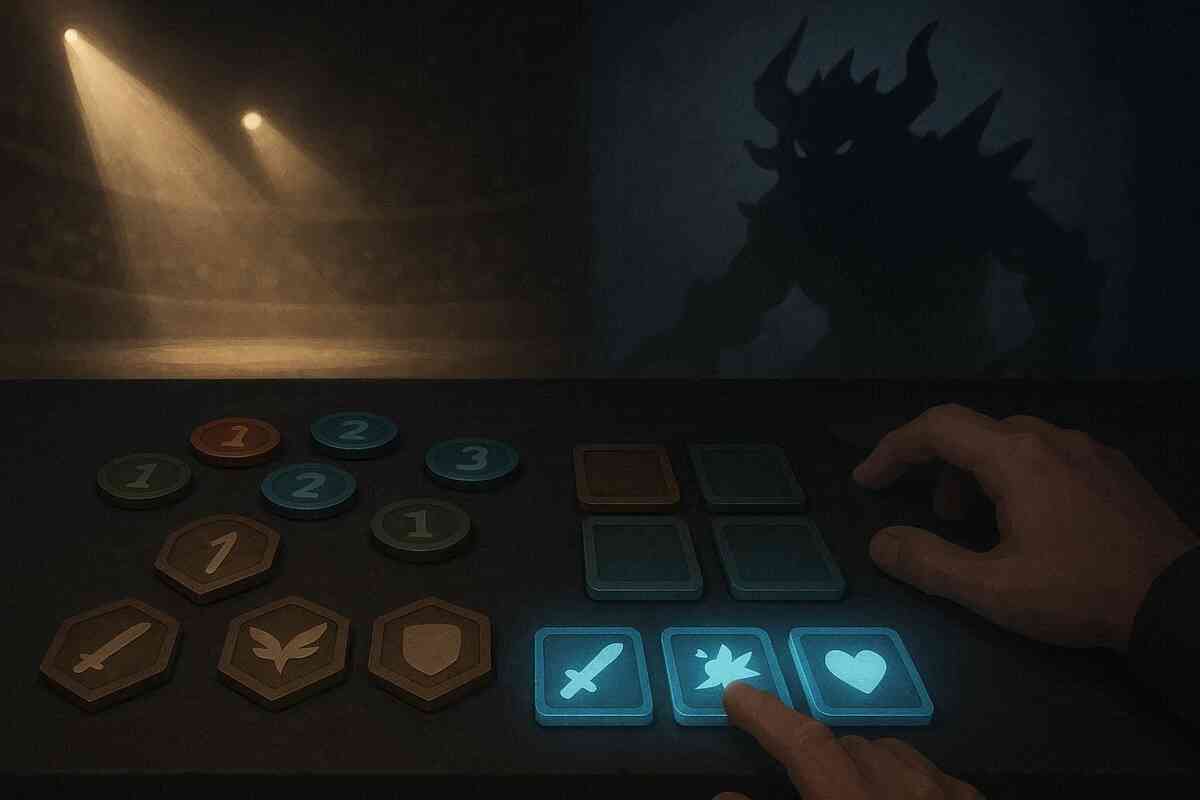 Strategic battle prep—hands selecting glowing icons for attack, defense, and focus while a colossal shadow looms—quiet tension before chaos, tactical heartbeat of competition