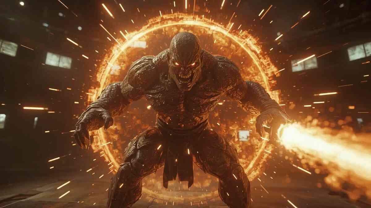 Raging monster charging forward through fiery ring, molten energy bursting from its arm—unstoppable wrath, cinematic inferno power unleashed in visceral battle heat