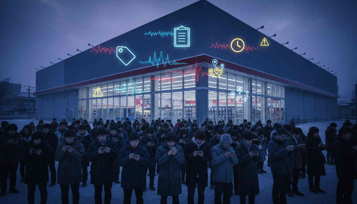 Icy dawn outside a massive electronics store—hundreds staring at phones for live stock signals, neon warning icons in the sky, desperate “must-buy-now” tension and winter-breath urgency