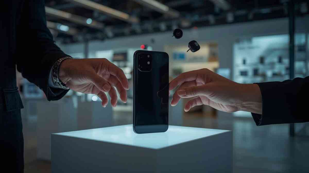 Hands reaching toward a flagship phone on a glowing showroom pedestal—pre-buy dopamine hit, tactile obsession, the electrifying “I’m about to upgrade” moment in premium silence