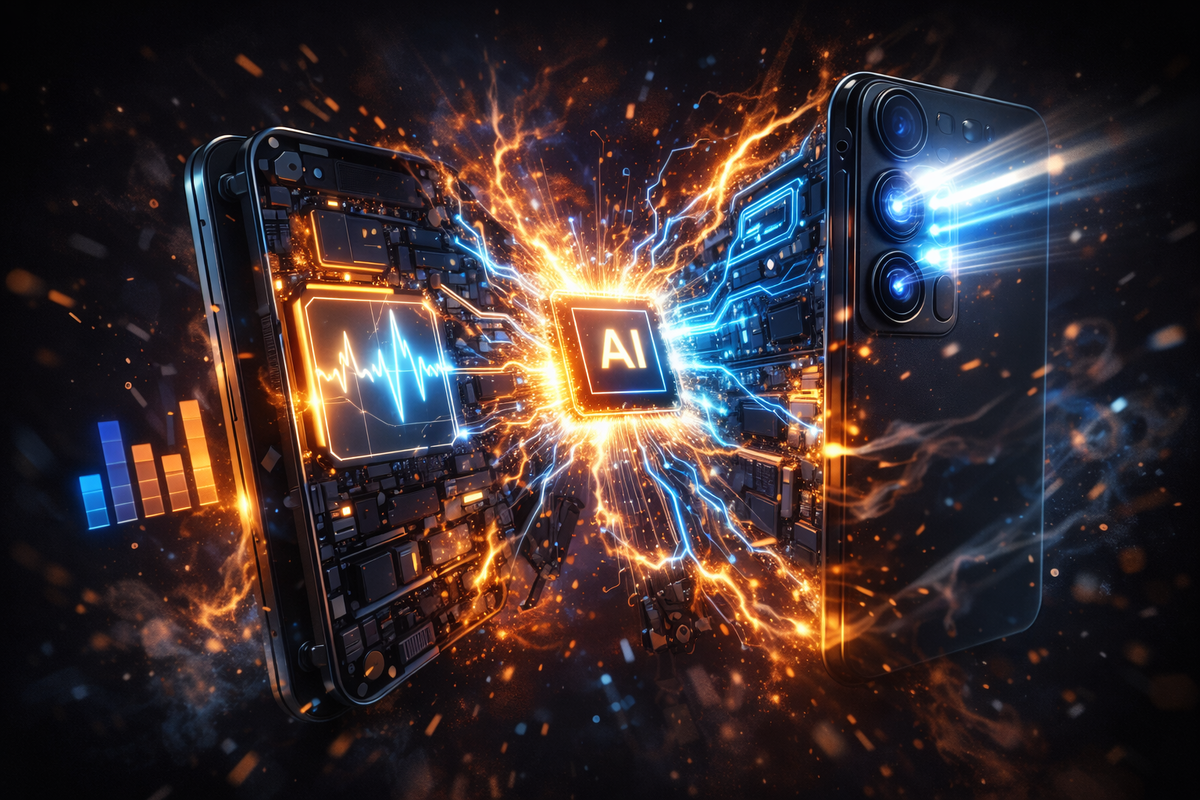 Phone split open with a blazing AI core exploding in sparks—raw next-gen power surge, performance shockwave, futuristic intensity that screams “unfairly fast”