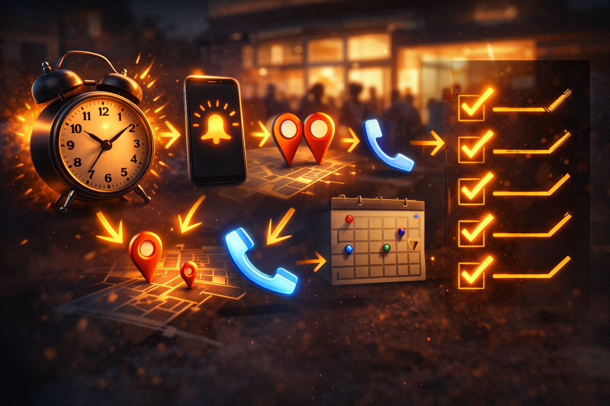 Restock war-room flowchart—alarm clock → notifications → map pins → phone call → checklist ticks, tactical adrenaline and ruthless “beat the crowd” stock-hunt strategy