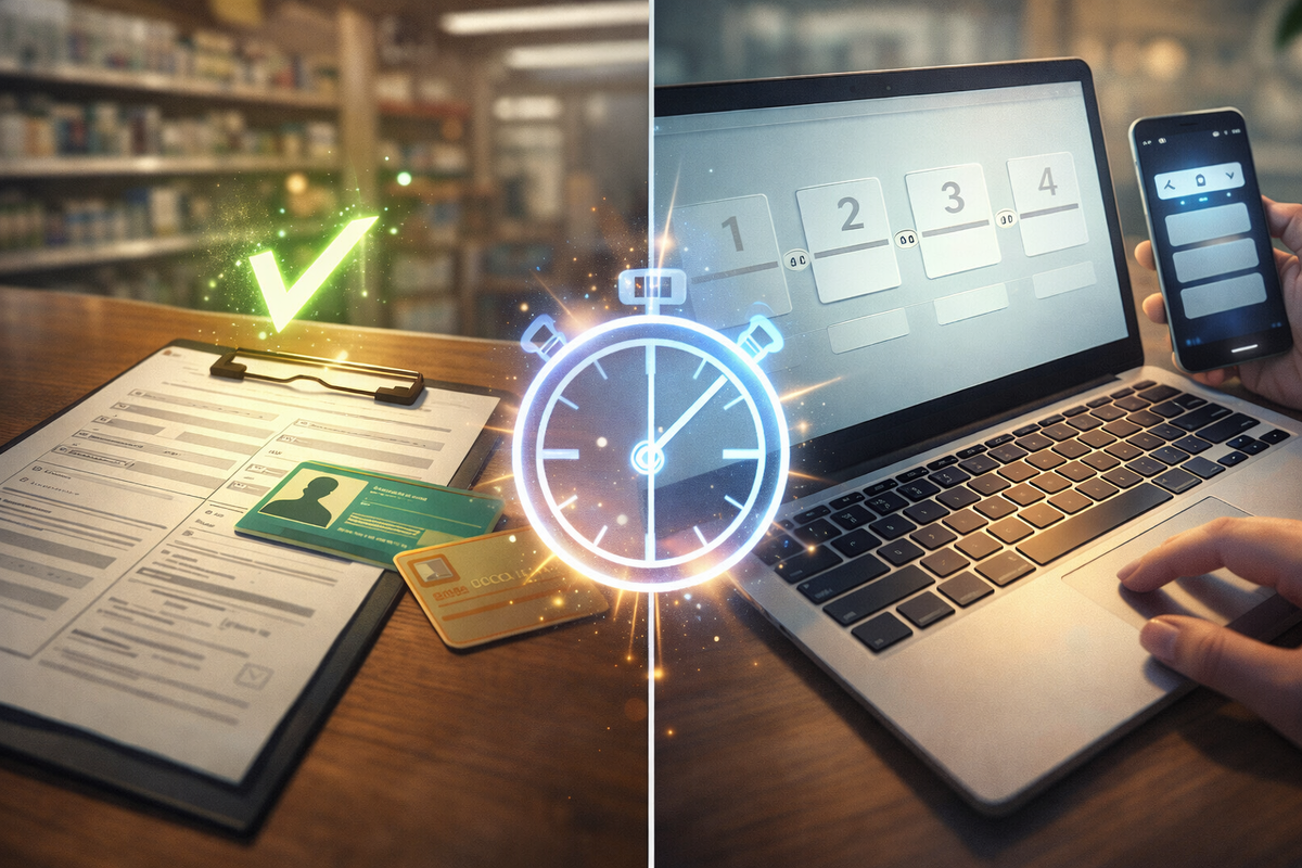 Store vs online reservation split—ID + paperwork vs laptop booking steps with stopwatch glow, calm control under pressure, no-panic checkout confidence in a time-crunch battle