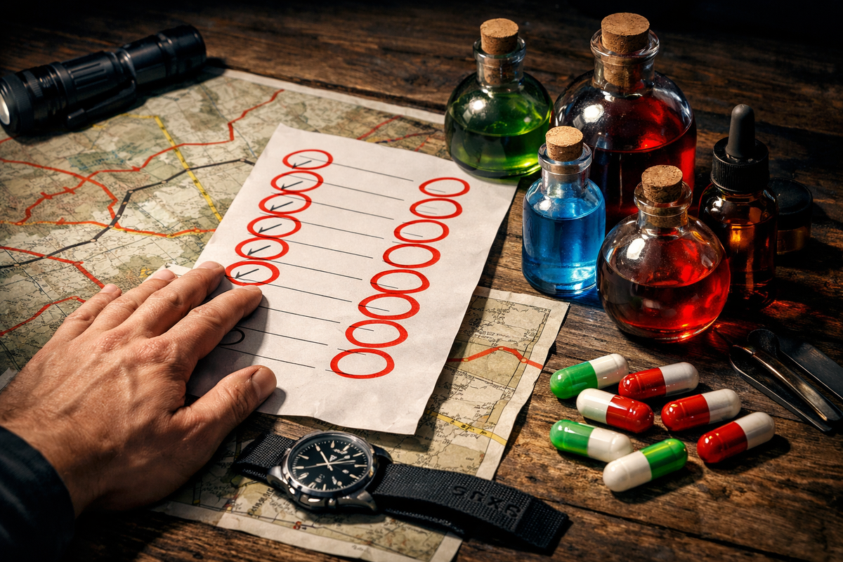 Hand steady over a battle map filled with red circles, surrounded by glowing potions and capsules—tactical calm before chaos, precision under pressure, quiet determination to prepare for victory
