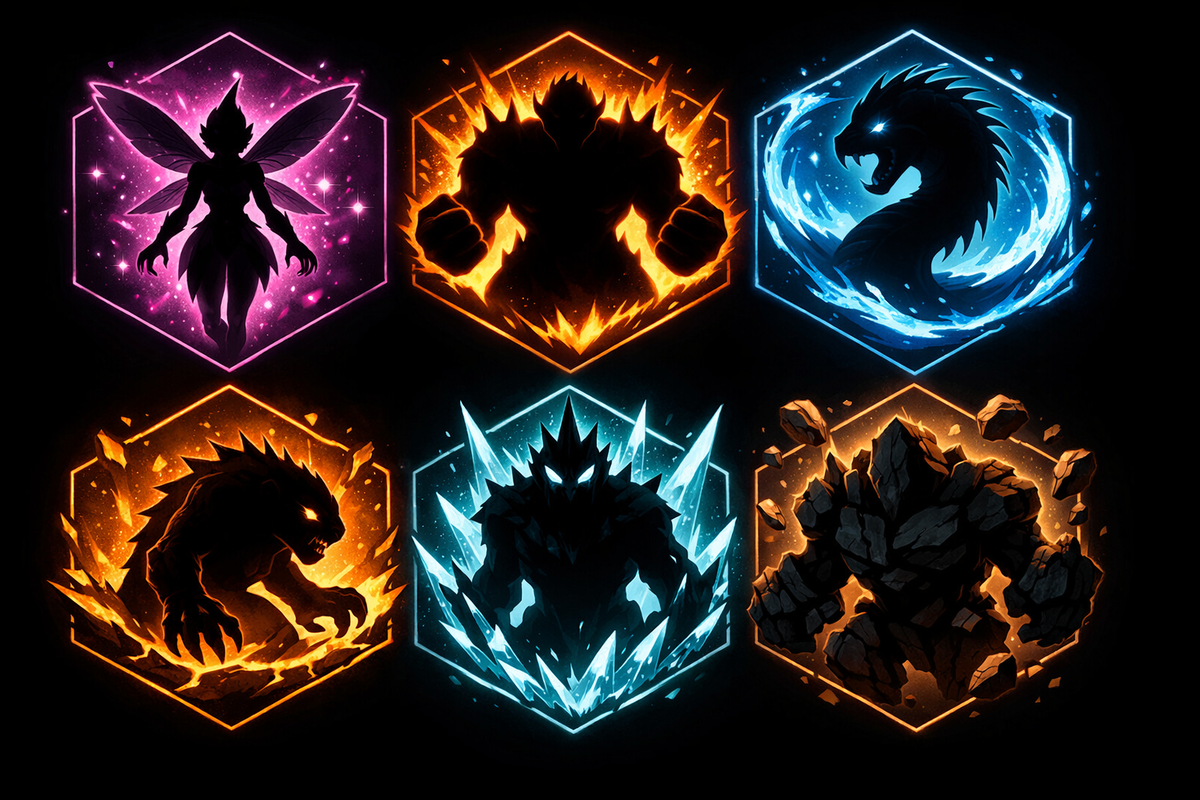 Six elemental creature silhouettes radiating neon energy—fairy light, fire fists, water serpent, ice titan, and rock giant—charged with power, danger, and anticipation of the ultimate clash