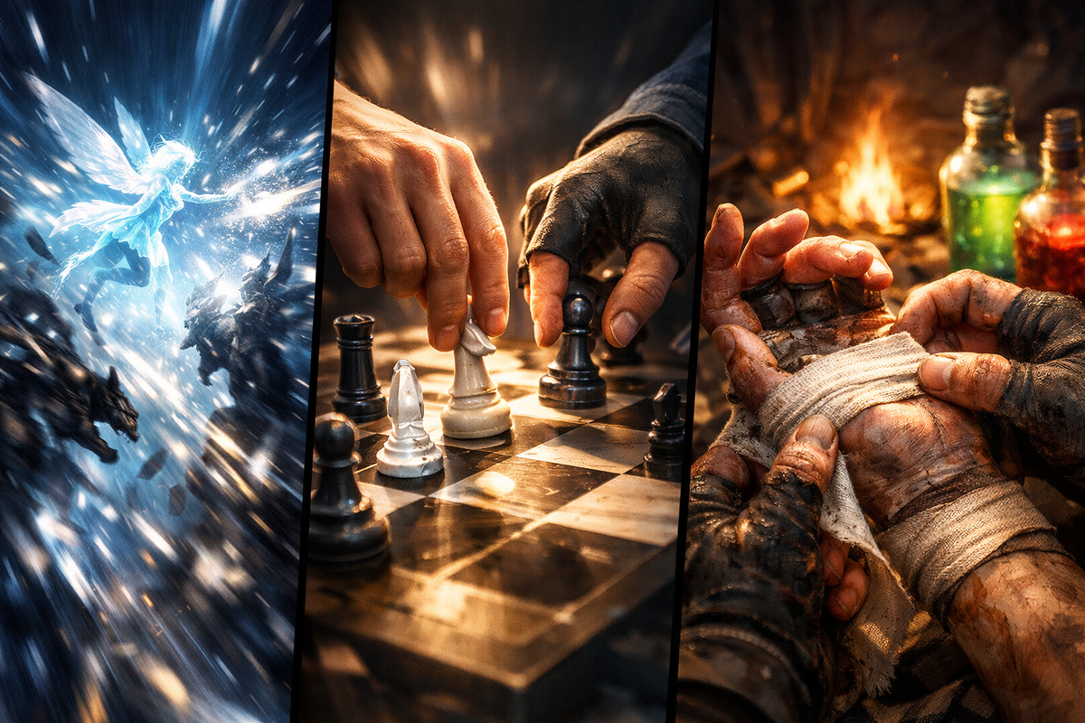 Three split scenes of battle strategy—fairy unleashing blinding magic, tense chess match hands, and wounded fighter being bandaged—grit, intellect, survival, all emotions burning in one decisive moment