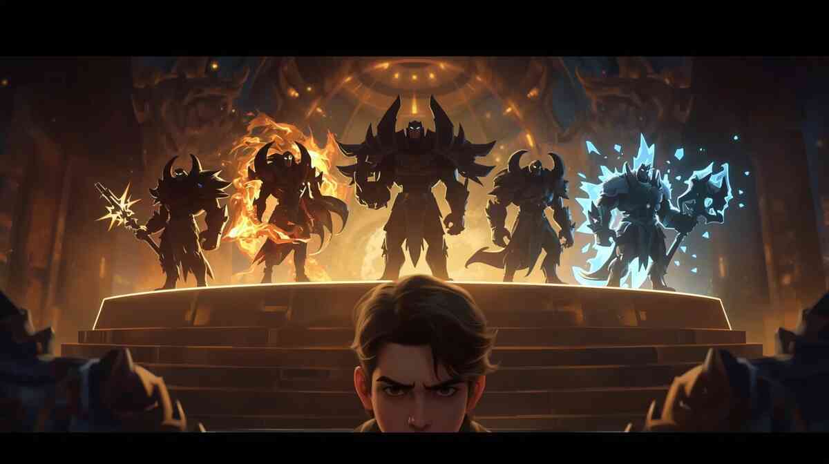 Hero facing a council of armored titans wreathed in flame and ice—awe, fear, and rising courage merge in a cinematic showdown between mortal and legend