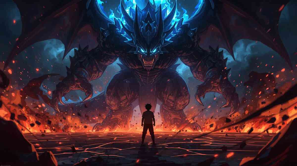 Lone warrior dwarfed by colossal fire-breathing dragon in a shattered volcanic arena—heat, terror, and heroic defiance collide in the ultimate last stand moment
