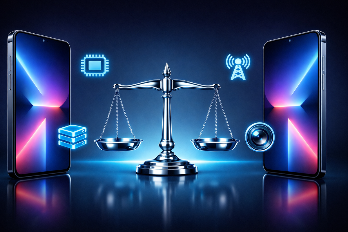 Two identical smartphones facing off with a balancing scale and glowing tech icons—SIM-free vs carrier choice showdown, cold logic vs gut instinct, decisive clarity