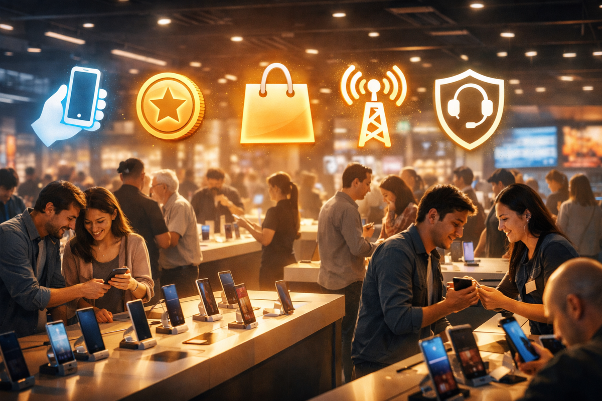 Packed electronics store scene with shoppers testing phones under floating icons—hands-on excitement, point rewards thrill, “buy it today” rush energy