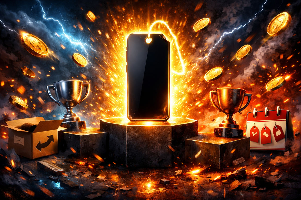 Smartphone exploding with golden light, coins flying through stormy sparks and trophies—deal-hunting victory moment, adrenaline savings, jackpot-level best buy hype