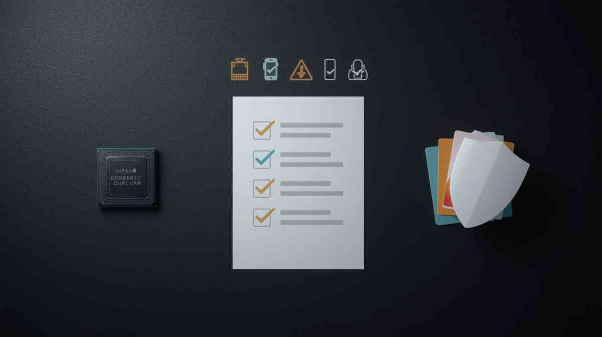 Minimal dark checklist with storage, warnings, and shield icons—pre-purchase survival guide, calm control, “avoid the trap” protective confidence