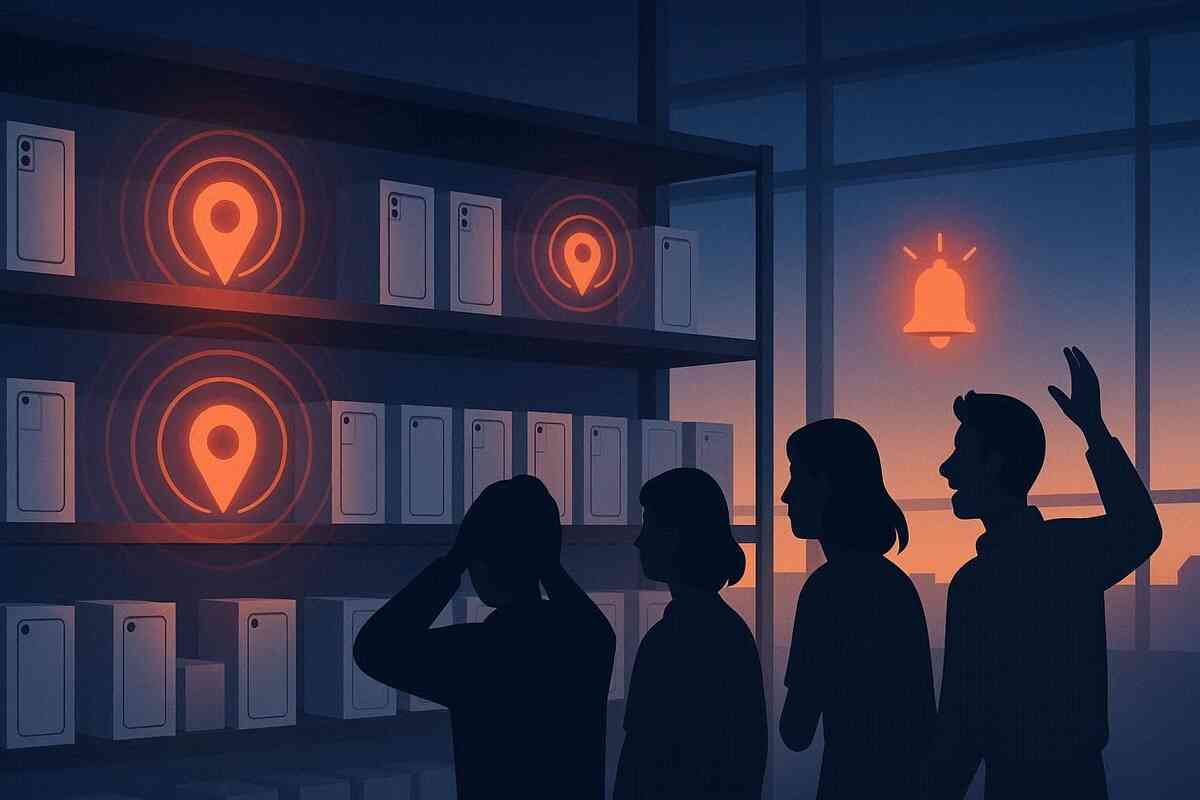 Shadowy store shelves with empty phone boxes and glowing alert bell—restock panic, scarcity pressure, “now or never” urgency with intense FOMO vibes