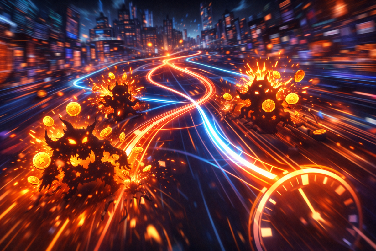 Neon speedrun route slicing through a futuristic city while shadow monsters explode into coins—insane momentum, time-attack adrenaline, ruthless efficiency rush