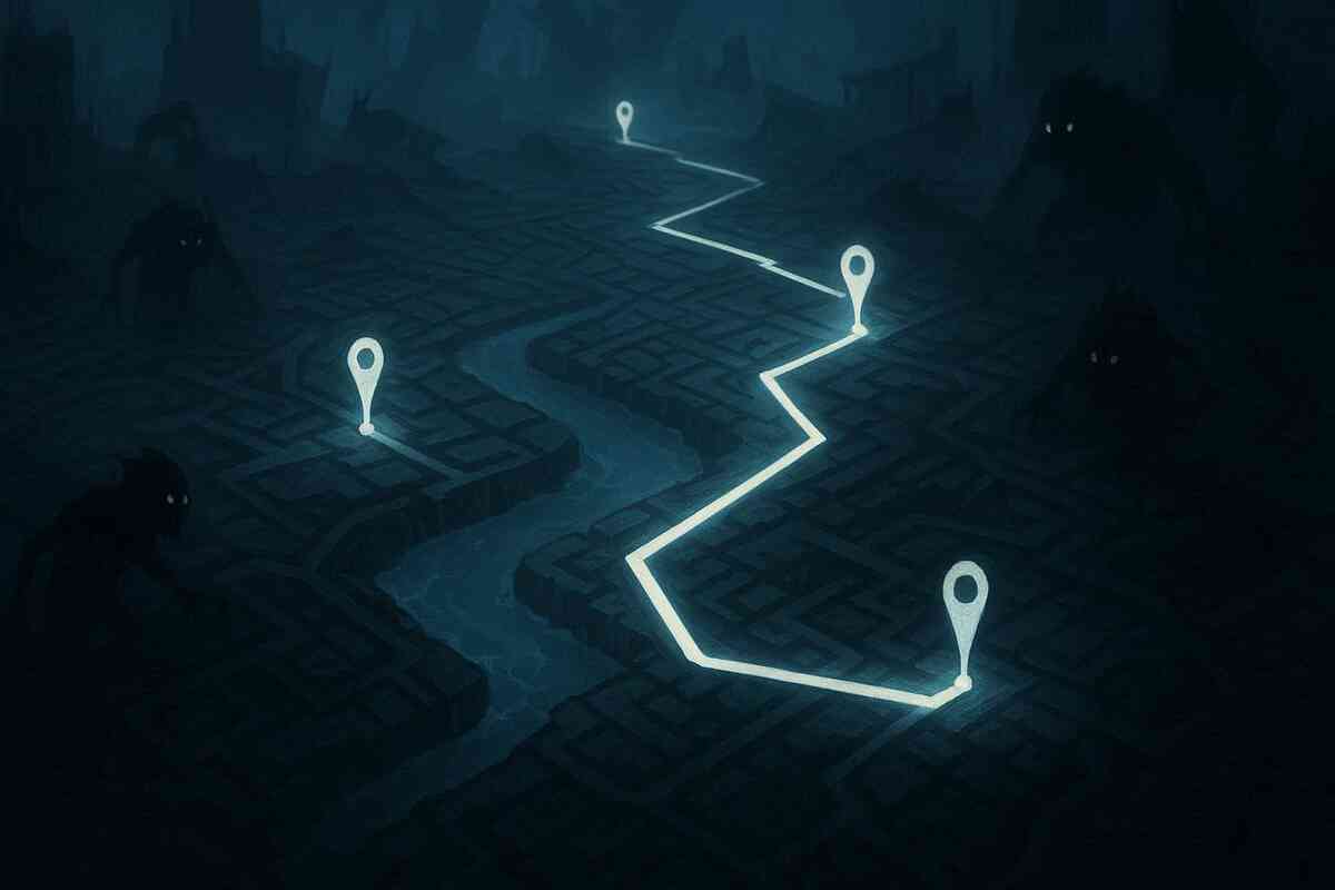 Dark dimension map with a glowing shortest-path line and pins in the fog—lost-in-the-void tension, survival navigation, “one wrong turn ruins it” pressure