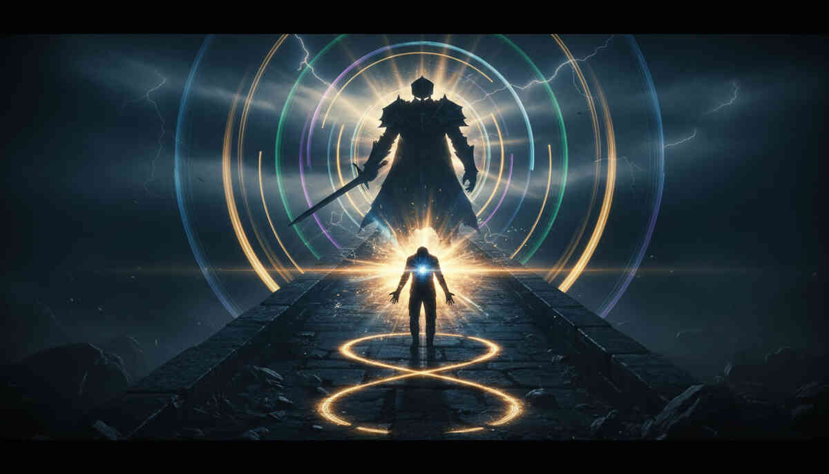 Shiny legendary knight flickering between normal and radiant glow on a bridge loop—obsession grind, sanity-breaking respawns, “finally it shines” euphoria