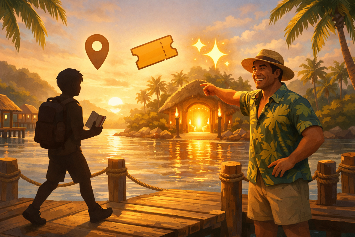 Sunset dock unlock moment—friendly host pointing the way as a beginner steps in with a guidebook, golden first-time excitement and adventure-start chills