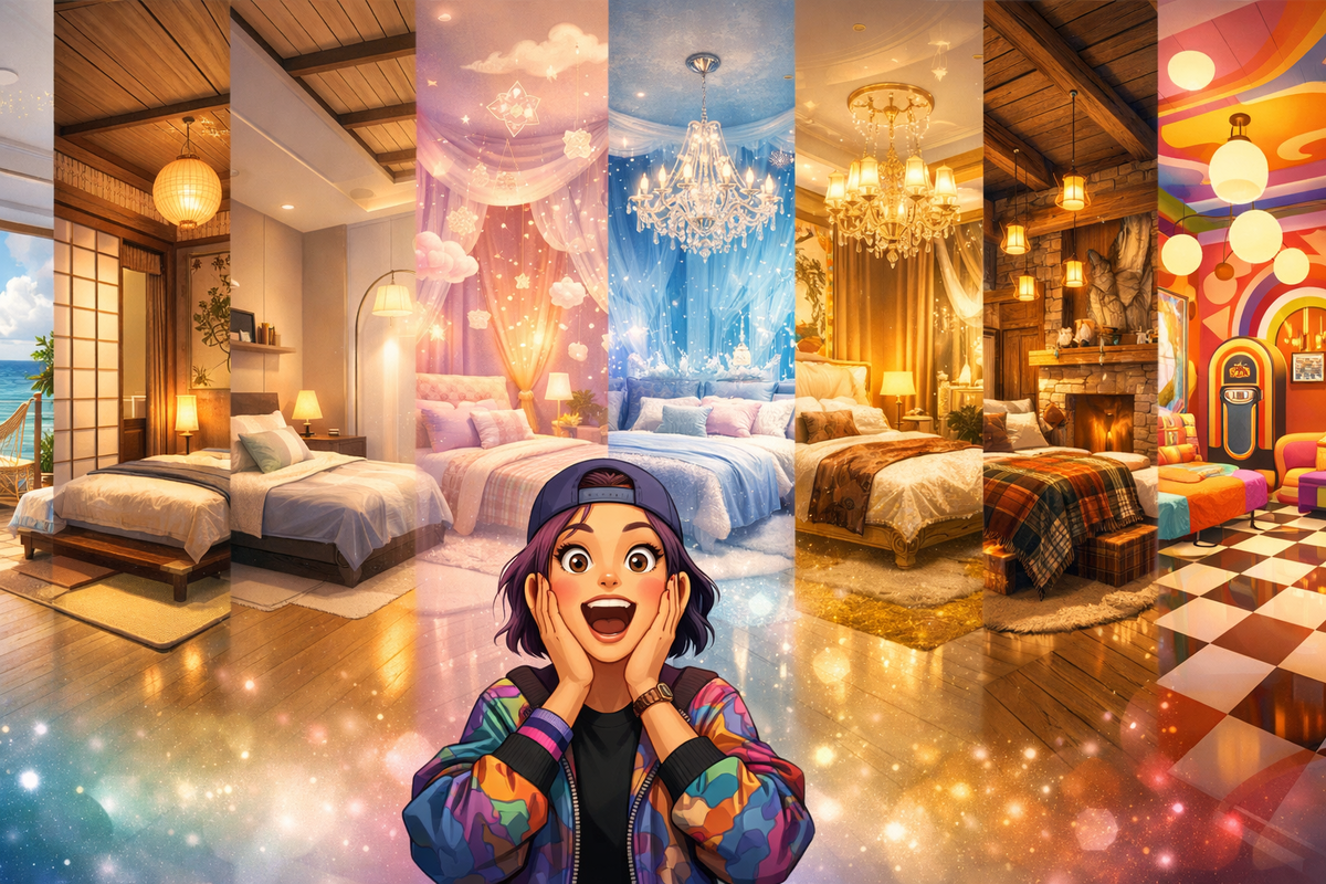 Eight dreamy hotel-room themes in one panorama—coastal, Japanese, modern, pastel fantasy, icy suite, luxury glam—jaw-dropping makeover inspiration overload