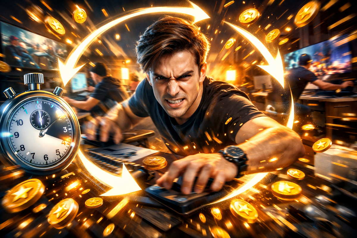 Explosive coupon grind energy—furious speed-run focus, stopwatch pressure, coins bursting everywhere with infinite-loop arrows, addictive “farm faster” intensity