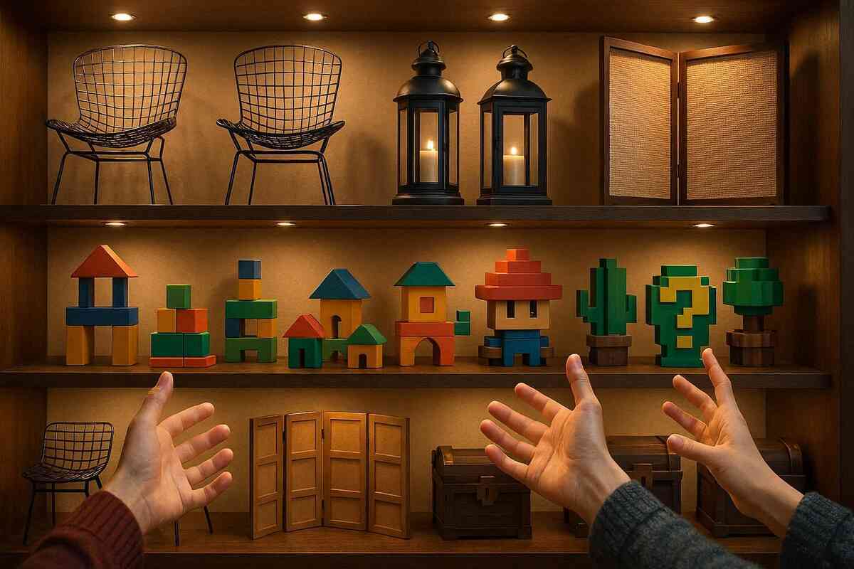 Limited souvenir shelf treasure hunt—sleek wire furniture, lanterns, colorful block decor, collector hands reaching in, dopamine hit of rare-item discovery