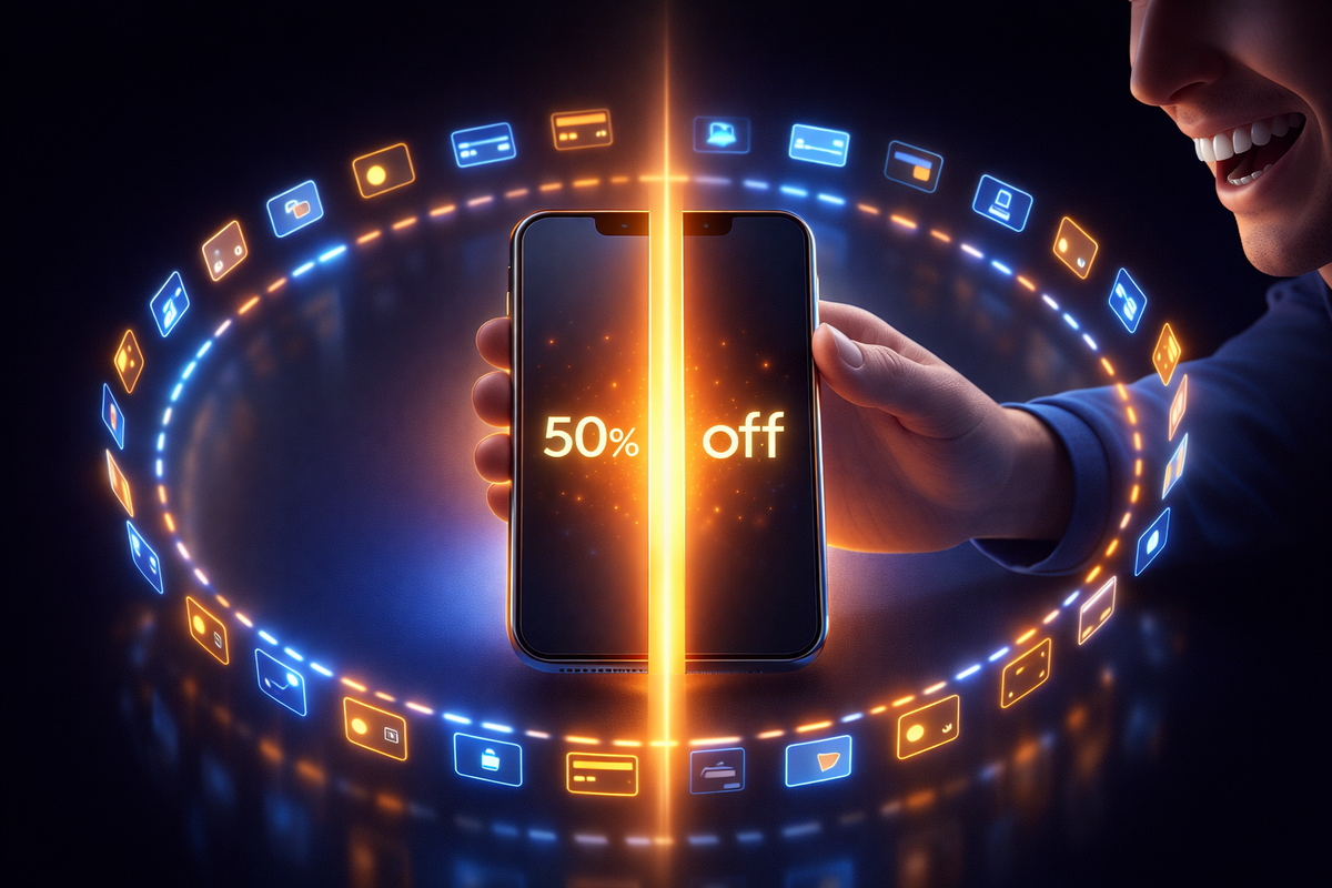 Phone split by a blazing light beam—“half-price” shock vibe with revolving payment tiles and card icons, intense relief and jackpot-level satisfaction