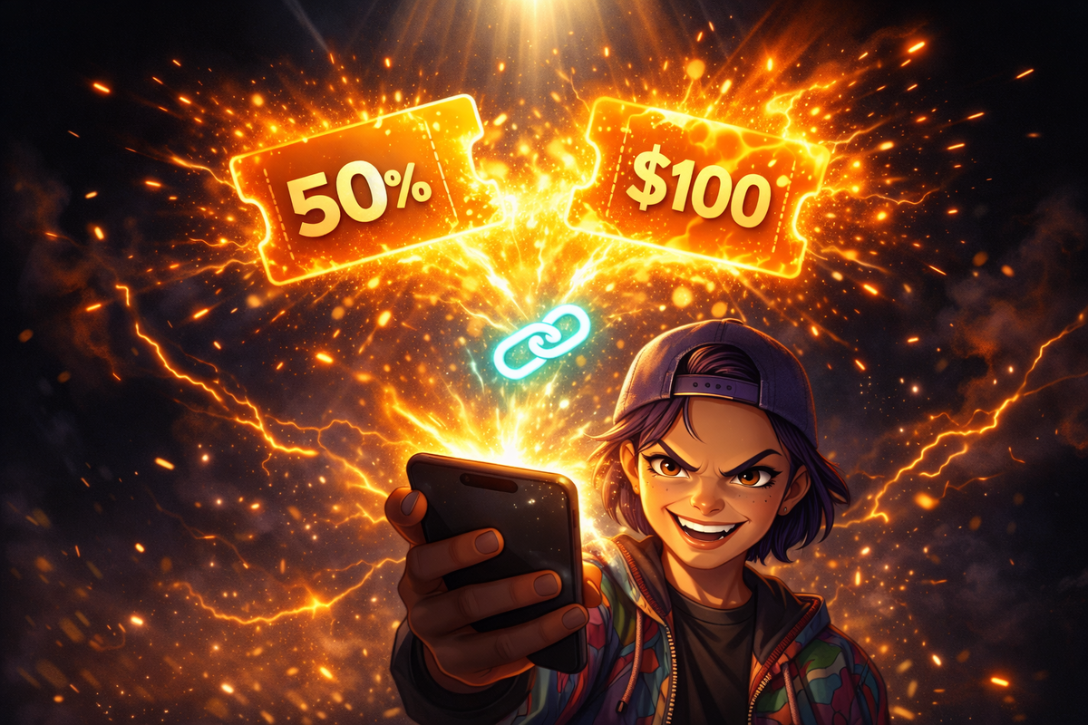 Two mega coupons colliding into one—chain-link combo effect, sparks everywhere, mischievous “stack the bonuses” thrill like finding a secret cheat code