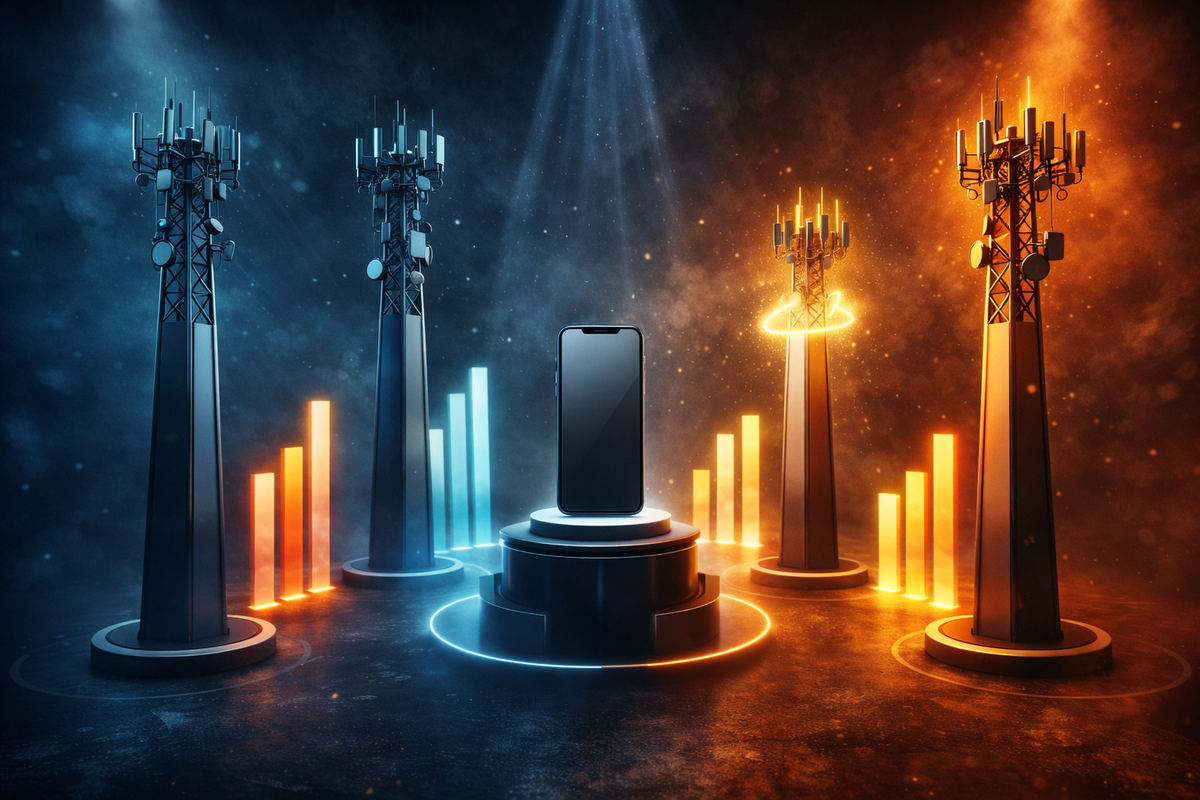 Carrier price-war arena—tower vs tower showdown around a single phone on a podium, cold analytical tension and the sweet punch of “cheapest wins”