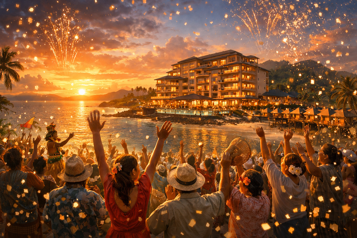 Golden sunset resort hotel exploding with fireworks as a cheering crowd raises their hands—pure vacation euphoria, once-in-a-lifetime island glow, cinematic celebration energy