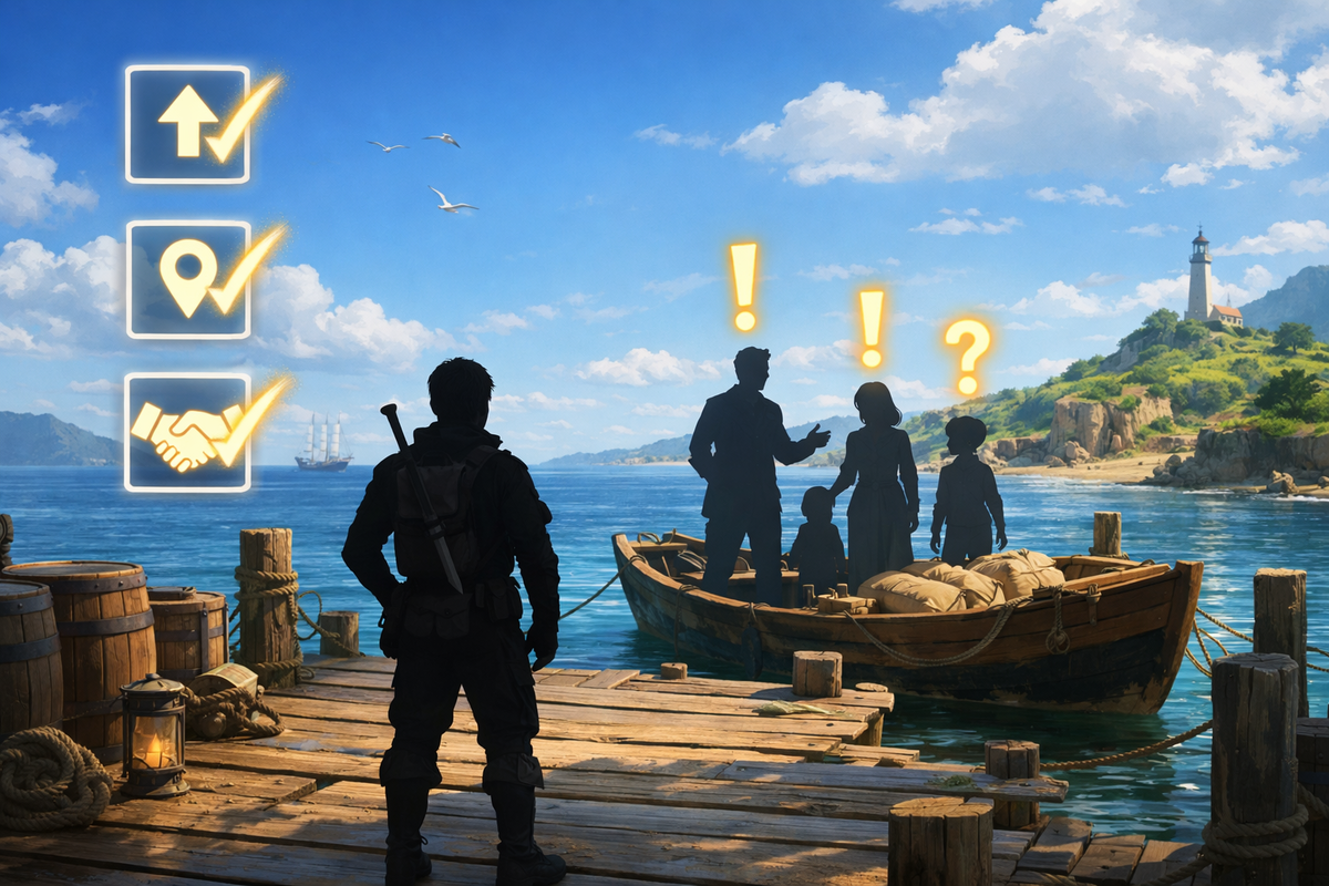 Mysterious island dock encounter with floating checklist icons—unlock conditions revealed, “what happens next?” tension, ocean-bright adventure vibes, irresistible quest mood