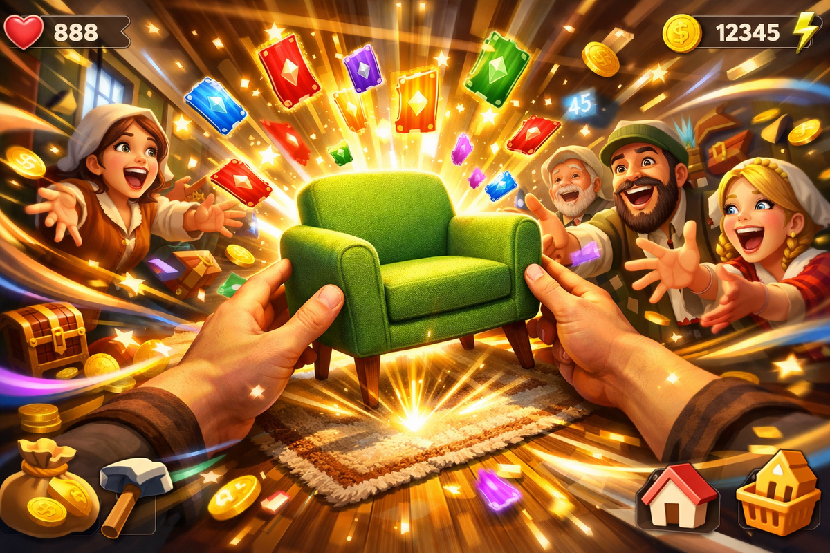 Hands placing a single sofa as gems and coins burst everywhere—crazy reward rush, jackpot dopamine hit, explosive coupon farming hype, unstoppable lucky moment