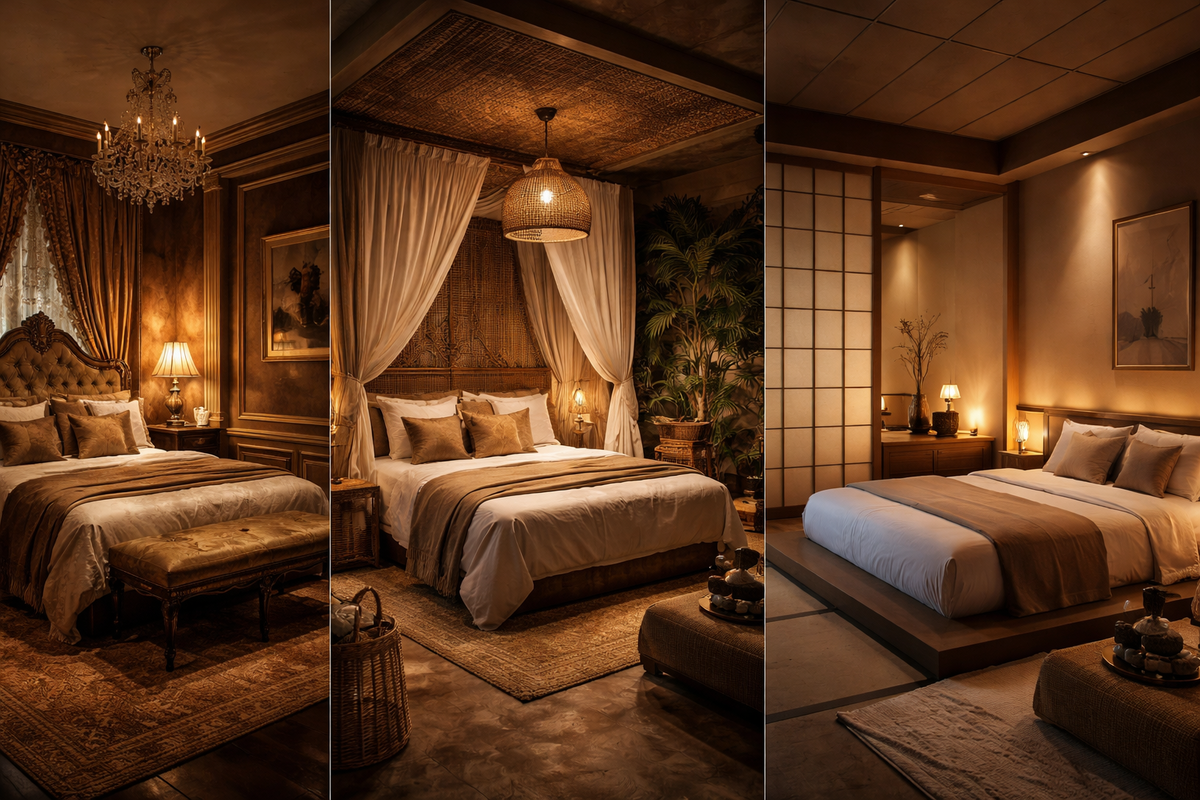 Four luxury hotel room styles side-by-side—antique elegance, rattan resort warmth, Japanese zen calm, modern chic—instant design inspiration, cozy high-end moodboard thrill