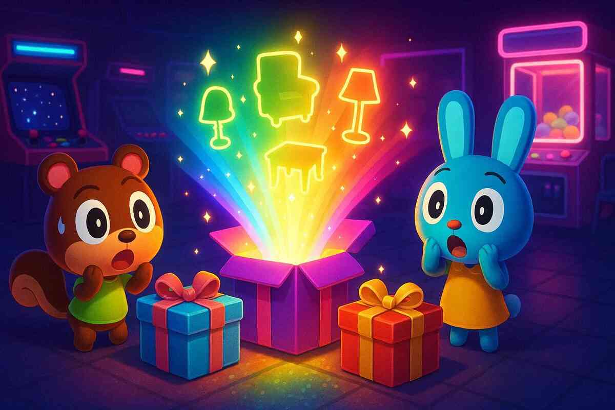Cute characters staring at a glowing gift box erupting with rainbow furniture icons—surprise drop excitement, collectible treasure vibes, magical “I need this now” energy