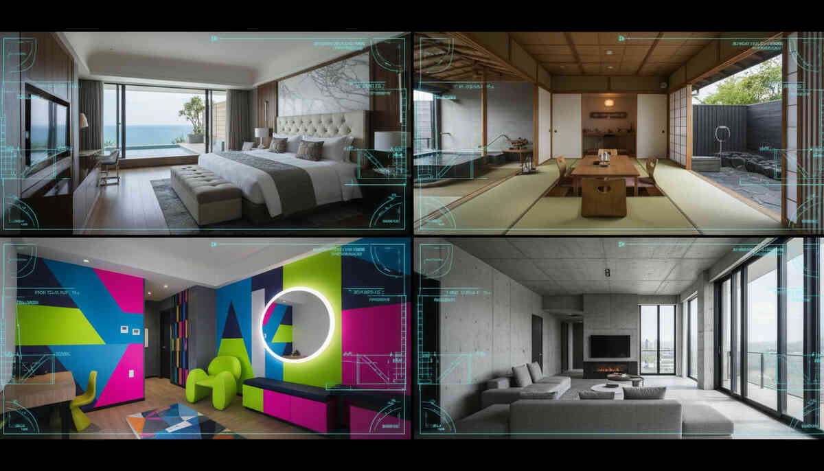 Futuristic room-style comparison grid with blueprint overlays—luxury suite vs Japanese ryokan vs pop interior vs modern lounge, next-gen upgrade vibes, sharp tech-aesthetic confidence