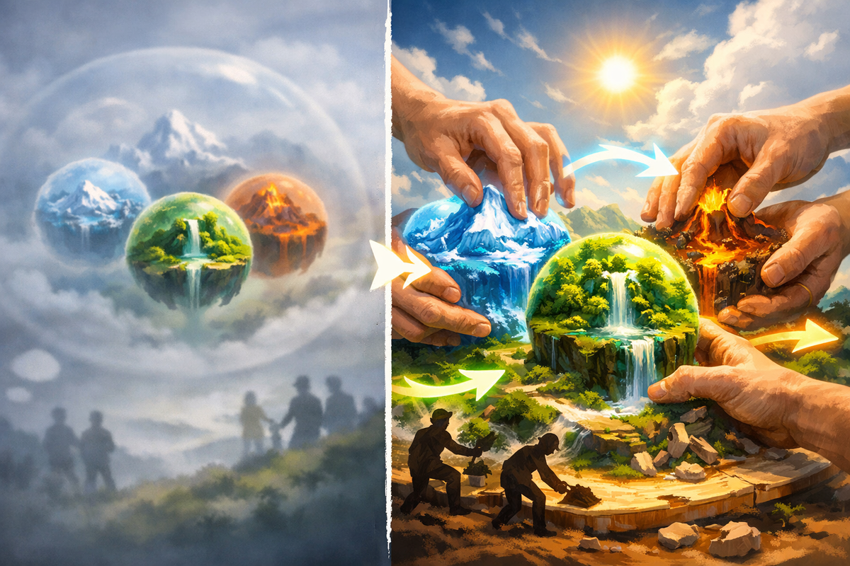 Split-screen glow-up: foggy “watch-only” floating islands vs giant hands reshaping worlds in bright sun—god-mode creativity, instant makeover thrill, unstoppable momentum