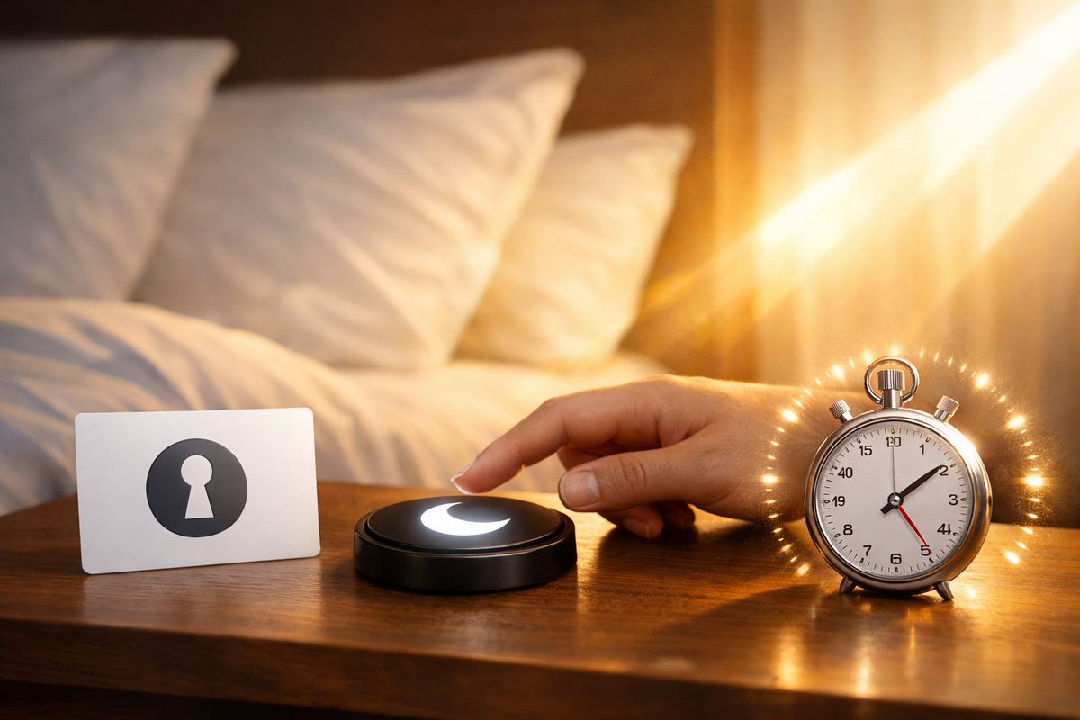 Finger about to press a glowing crescent “sleep” button beside an unlock card and a ticking stopwatch—5-minute access rush, sunrise urgency, can’t-wait excitement