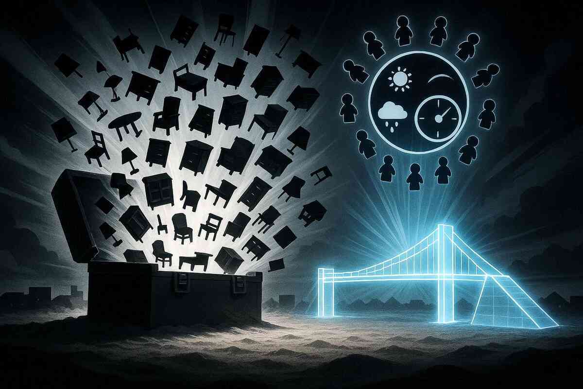 A chest erupts with endless furniture silhouettes while time/weather icons and a hologram bridge blaze—everything unlocked chaos, power fantasy, limitless sandbox adrenaline