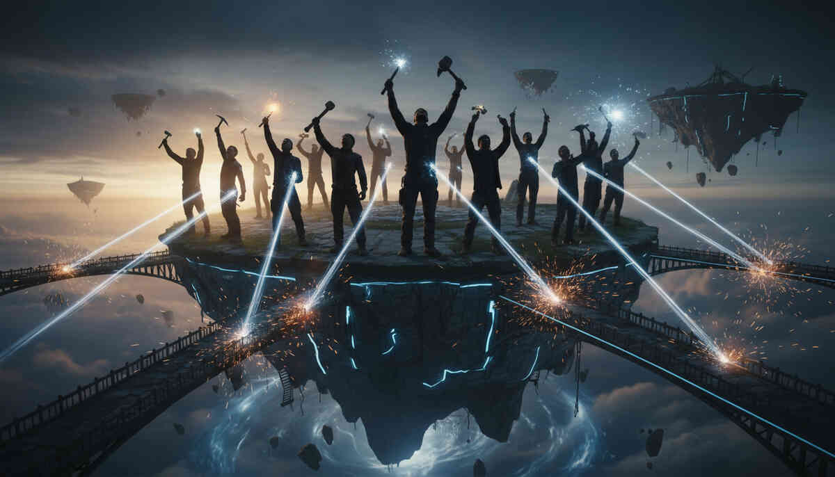 A cheering 12-person crew on a floating island, tools raised as laser lines spark across bridges—collective victory euphoria, squad-build frenzy, cinematic goosebumps