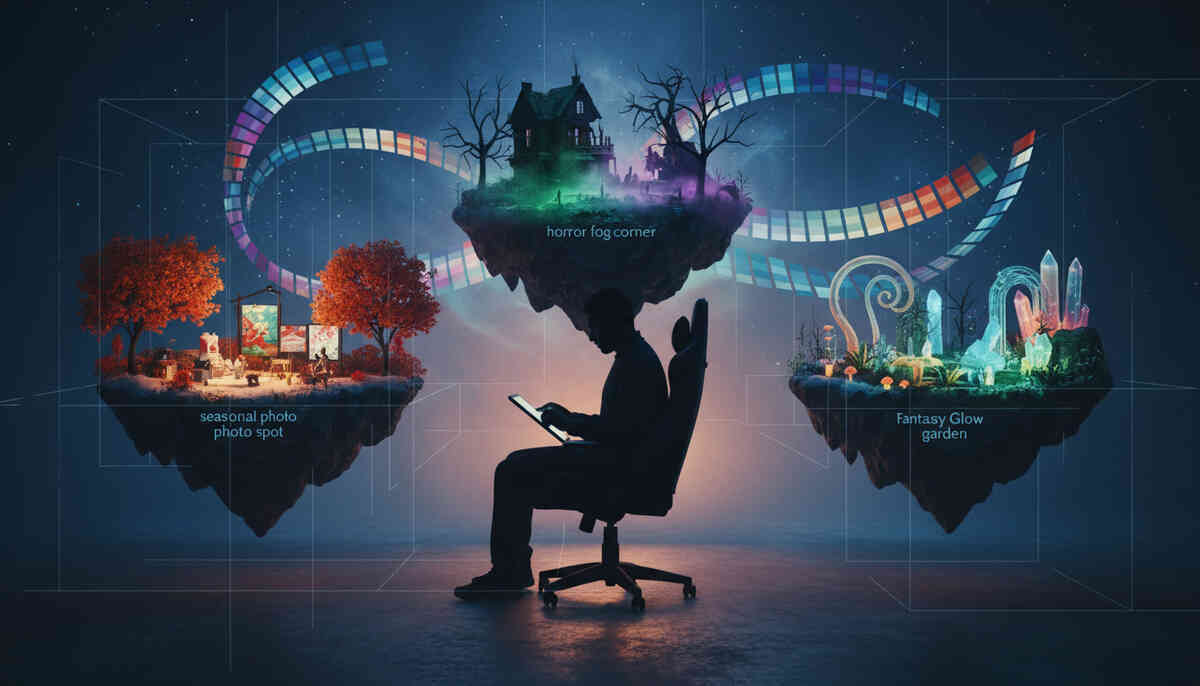 Creator silhouette in deep flow, surrounded by three themed floating islands and swirling color ribbons—obsessive design focus, eerie-to-magical vibes, imagination on fire