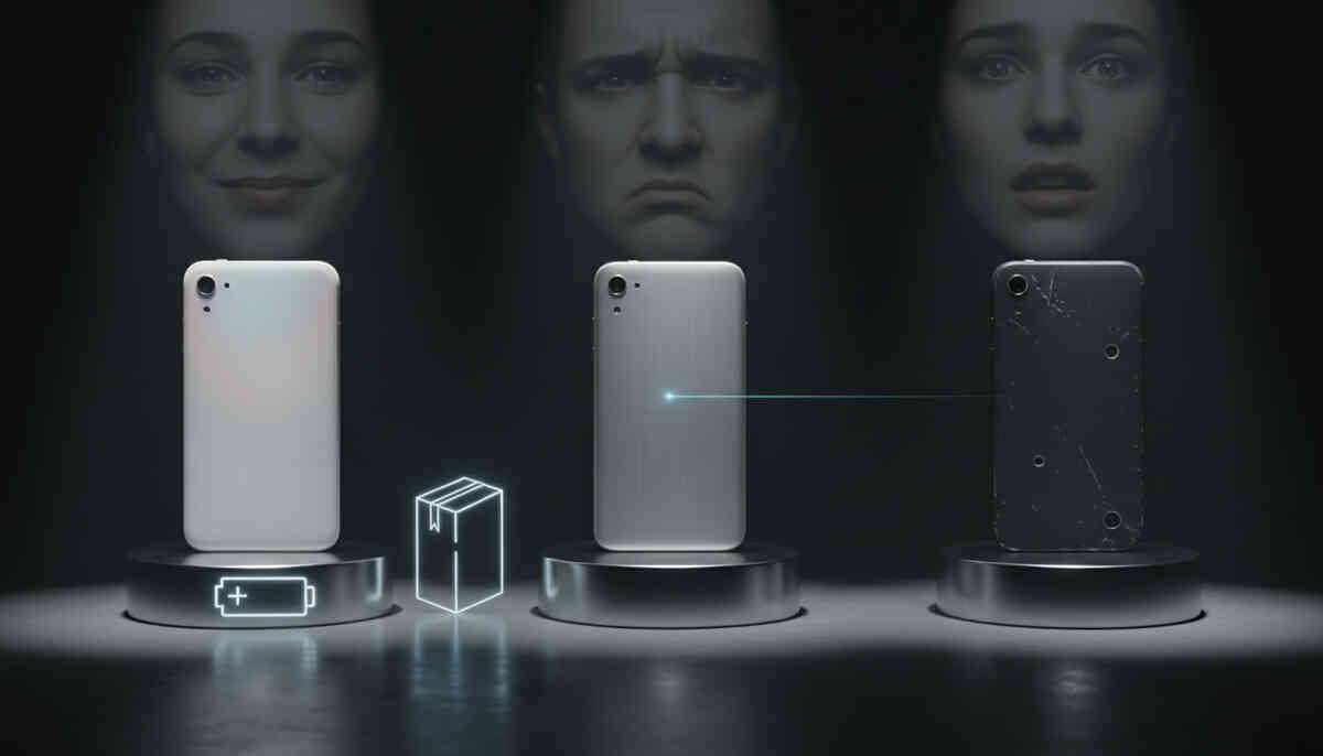Three unbranded phones on glowing pedestals under dramatic light—faces showing joy, doubt, and shock—emotional visual of quality, trust, and risk in one frame.  