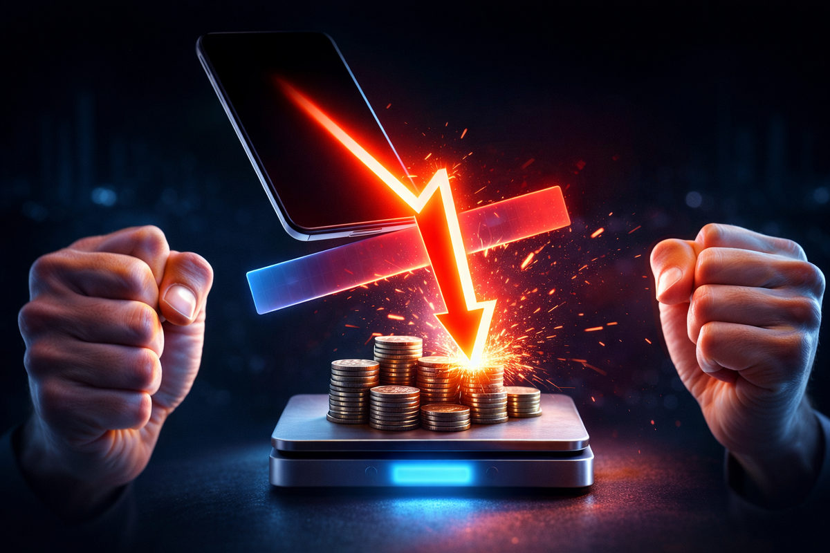 Explosive red arrow smashing into a stack of coins beside a glowing smartphone—price drop power, financial tension, and victory for smart buyers.  