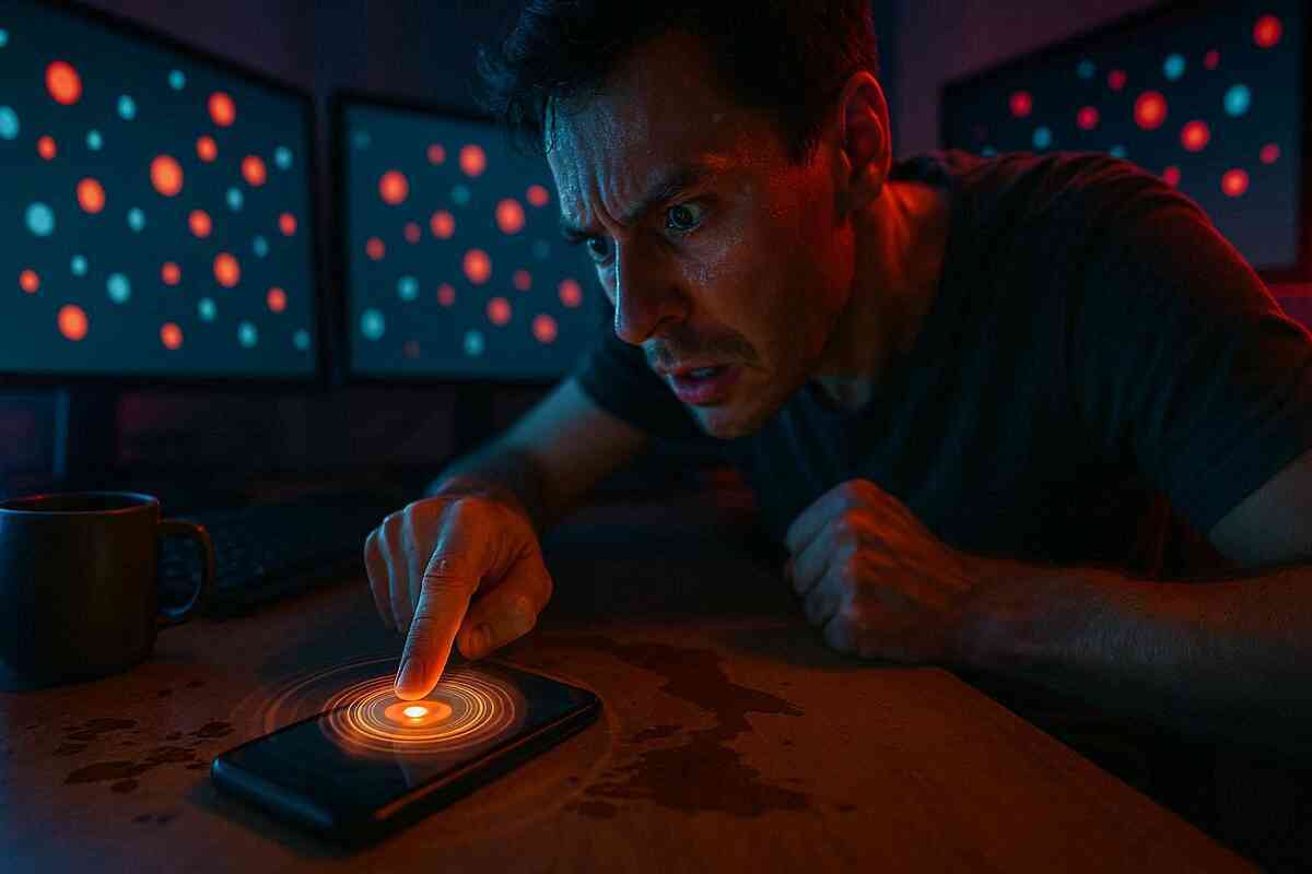 Sweating man in a dark room pressing a glowing button on his phone—intense focus, late-night hunt energy, and the pulse of real-time stock alerts.  