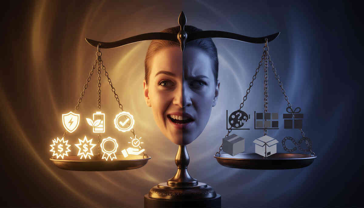 Half-lit woman’s face balanced between golden and cold tones on a glowing scale—emotional tug-of-war of pros and cons, reason vs impulse in tech decisions.  