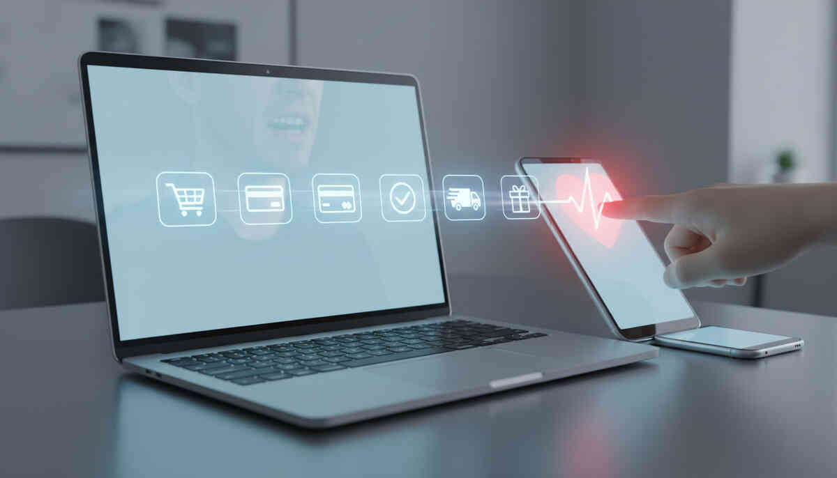 Finger touching a smartphone sending a glowing pulse through a laptop interface—seamless online checkout, heartbeat of instant purchase satisfaction.  