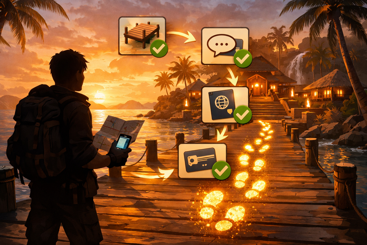 Sunset pier leading to a resort with glowing step-by-step icons—unlock path visualized like a quest, confident “you’re almost there” adventure rush