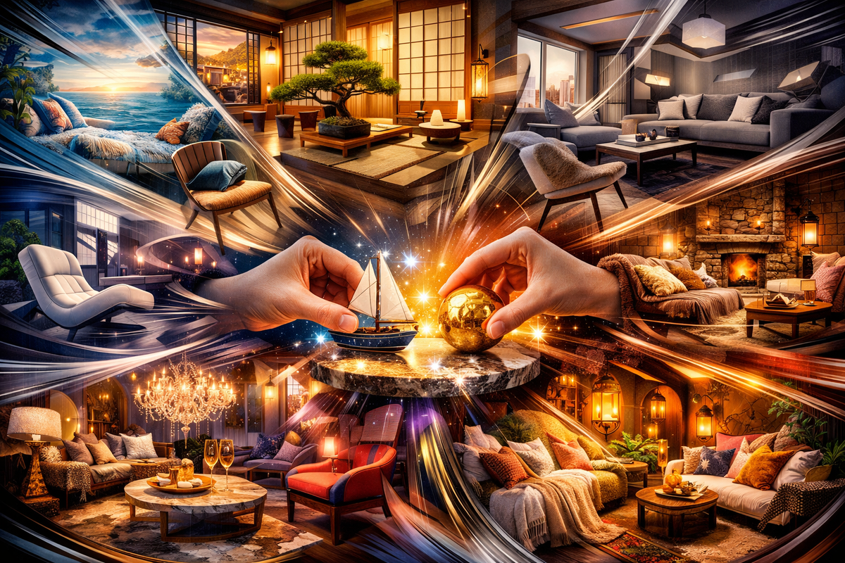 Room-design frenzy collage—hands placing the final item as themes burst alive, creative dopamine hit, cozy luxury vibes colliding in a viral makeover storm