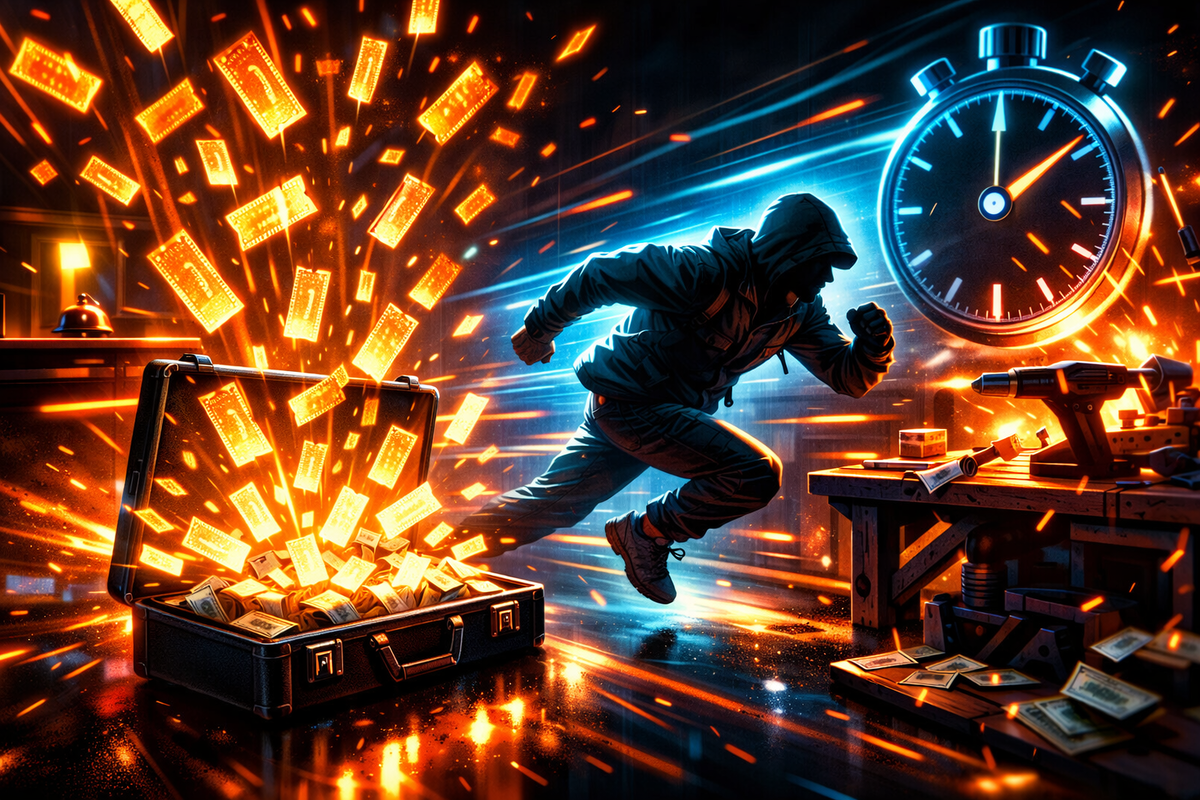Coupons erupting like fireworks from a suitcase as a runner blasts through a time-crunch—speed-grind adrenaline, instant rewards, unstoppable profit momentum