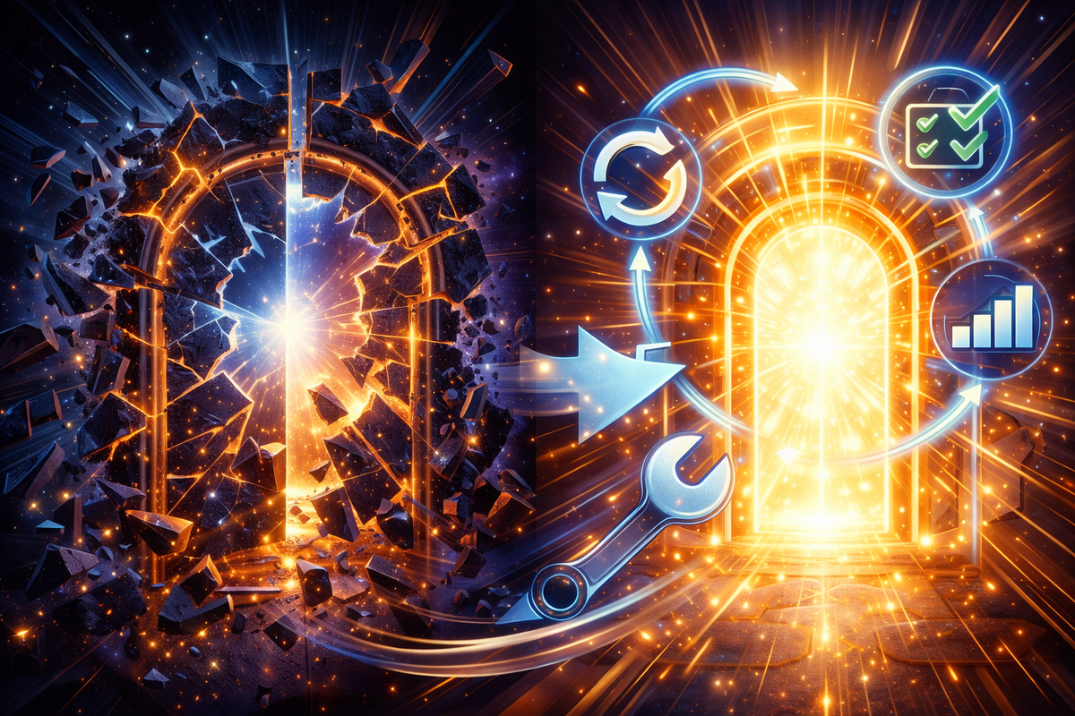 Shattered locked gate transforming into a blazing open doorway—reset loops, fix icons, wrench power, instant unlock dopamine, “finally it works” victory surge