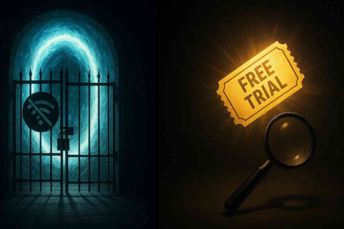 Dream portal trapped behind an offline iron gate vs a glowing FREE TRIAL ticket—paywall drama, last-second loophole hope, forbidden shortcut excitement